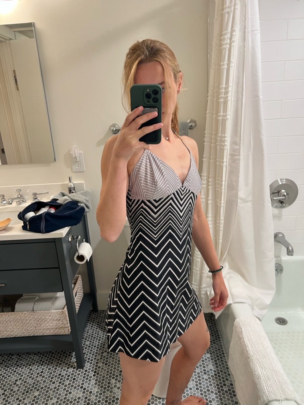 70’s Black & White Chevron V-Neck Mini Dress